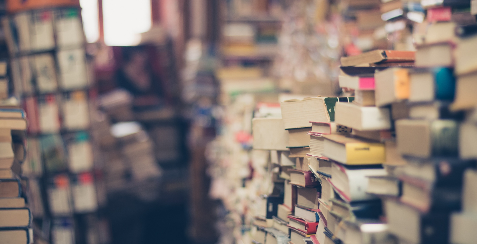 Imamgine decorativa: pile di libri di diversa fattura in una libreria.